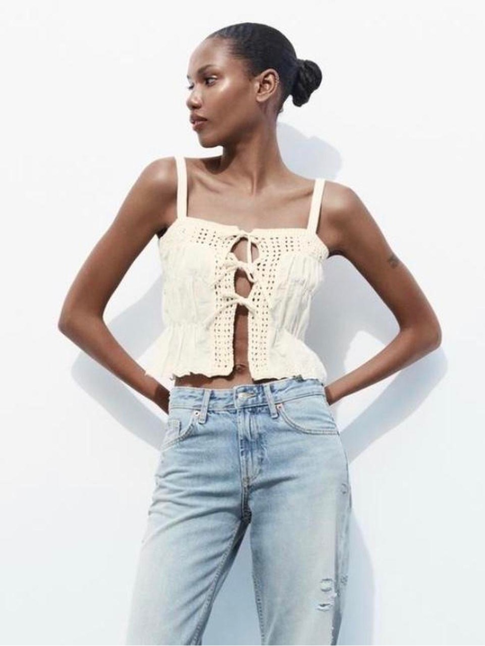 zara cream knit tie front eyelet cami top